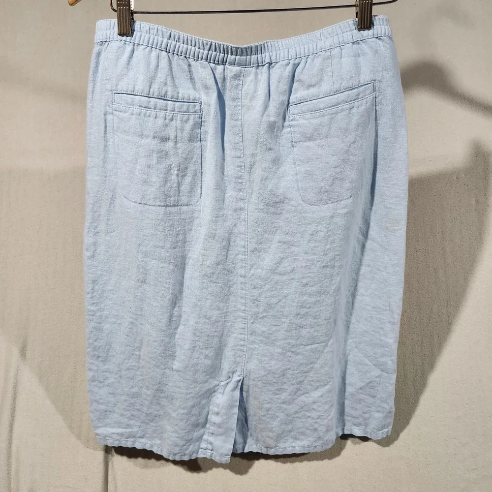 LL Bean Womens Light Blue 100% Linen Midi Skirt 10 Petite Elastic Back 0FXD7